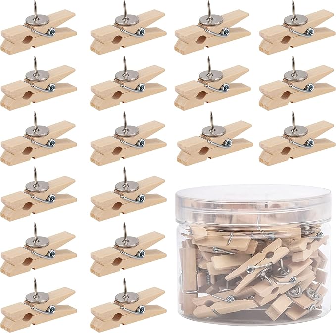 50Pcs Wooden Clips Push Pins Tacks for Cork Board Artwork for Crafts Arts Projects Photo Supplies(Wood Color)-DeskLoop Office