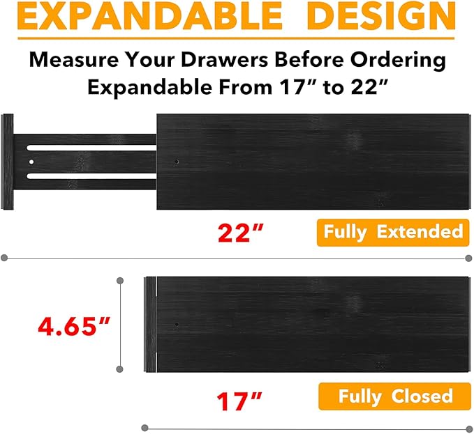 SpaceAid Bamboo Dresser Drawer Dividers 6 Pack, 4.65“ High Adjustable 17“-22” Drawer Organizers, Expandable Organization for Clothing, Clothes, Dressers, Black-DeskLoop Office