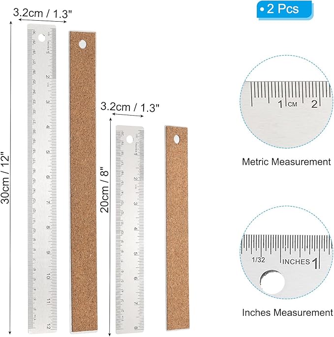 PATIKIL 8, 12 Inch Stainless Steel Straight Edge Ruler, 2 Pcs Cork Backing Non-Slip Metal Ruler with Inches Centimeter Metric Measuring Tools for Office-DeskLoop Office