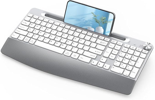JOYACCESS Ergonomic Wireless Keyboard, 2.4GHz Cordless USB Full-Size Keyboard with Wrist Rest, Quiet Design & Numeric Keypad, Phone Holder for Desktop, Laptop, PC, Mac, Windows -Silver White-DeskLoop Office