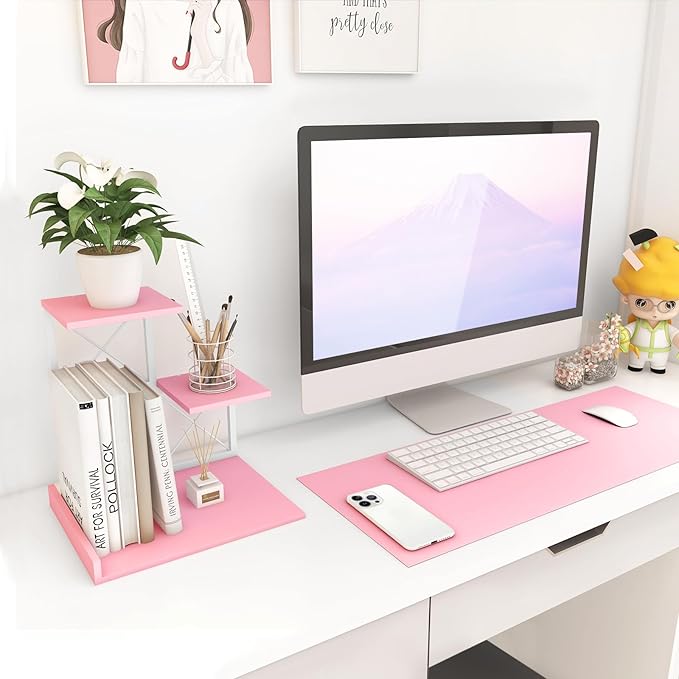 ELITEROO Desktop Shelf, Aesthetic Desk Organizer Table Top Mini Bookshelf, 3 Tier Wooden Desk Supplies Organizers and Storage Stand Cubicle Accessories for Women Office, Pink-DeskLoop Office