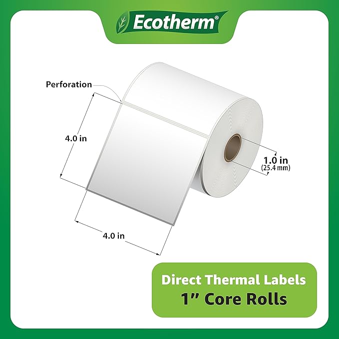 4" x 4" Thermal Labels | 4 Rolls | 1508 Labels | fits Zebra, Munbyn, Rollo, Godex, Arkscan, iDPRT, Offnova Thermal Label Printers and More | Blank White Adhesive Stickers by Ecotherm-DeskLoop Office