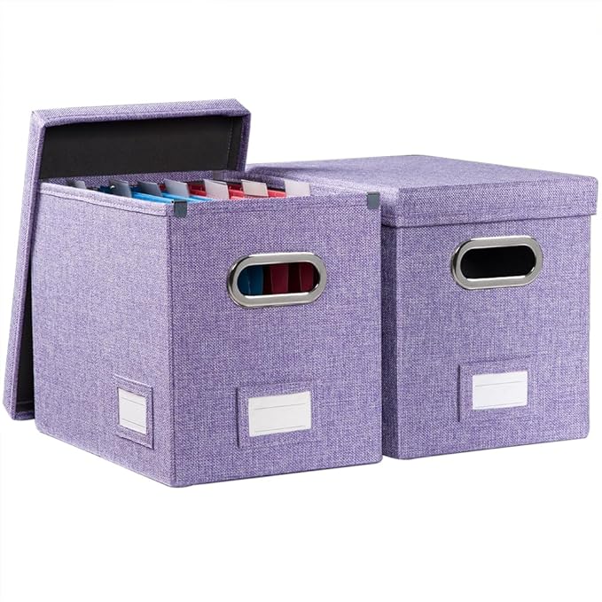 PRANDOM File Organizer Box - Set of 2 Collapsible Decorative Linen Filing Storage Hanging File Folders with Lids Office Cabinet Letter Size Purple (14x9.3x10.8 inch)-DeskLoop Office