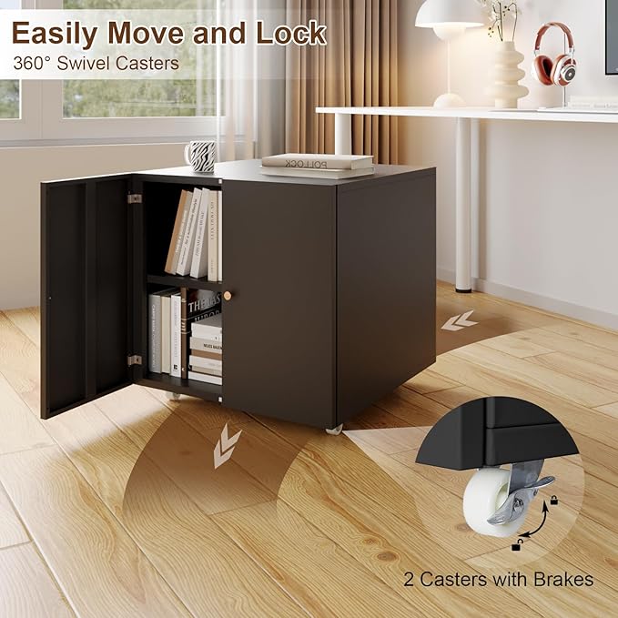 Printer Stand with Storage, 3D Heavy Duty Printer Table with Shelves, Large Printer Table for Home Office, Black Printer Stand on Wheels with Doors, Metal Fax Machine Stand for Workplace-DeskLoop Office