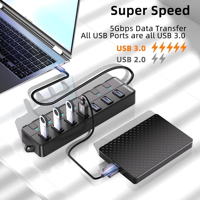 VEMONT 7-Port USB 3.0 Hub (Equipped with a 4-Foot Data Cable, Individual Switch, and Indicator Light, it Supports Data Transfer speeds of up to 5Gbps) Suitable for Desktop Computers and laptops.-DeskLoop Office
