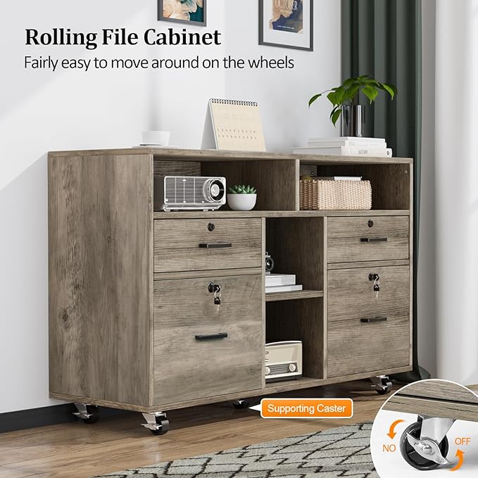 VINGLI Wide 4 Drawer File Cabinet with Lock, Rustic Grey Rolling File Cabinet with Open Shelves, Lockable Printer Stand, Letter Sized-DeskLoop Office