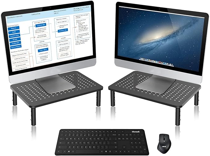 Bracwiser Monitor Stand Riser,3 Level Height Adjustable Desktop monitor stand for Computer, Laptop, Printer, Notebook with Vented Metal Platform 370X235MM 2 Packs,Black-DeskLoop Office