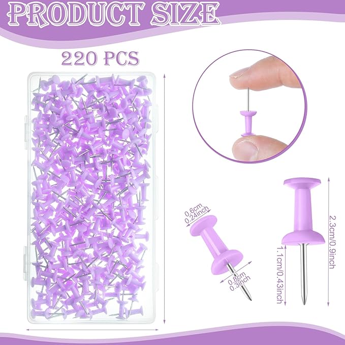 220 Count Purple Push Pins Standard Plastic Head Steel Point Thumb Tacks Decorative Push Pins for Cork Board Wall Hanging Bulletin Board-DeskLoop Office