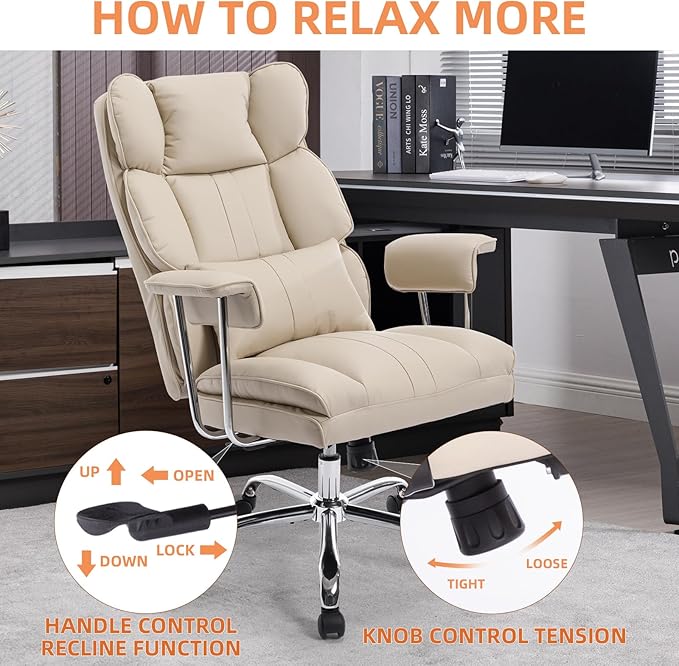 Big and Tall Office Chair 500lbs Wide Seat Executive Office Desk Chair High-Back Office Task Chair, Ergonomic Lumbar Support Computer Office Chairs for Heavy People(Beige)-DeskLoop Office