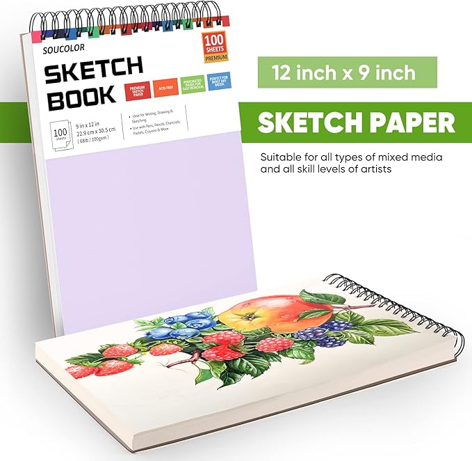 Soucolor 9" x 12" Sketch Book - 2 Packs, 100-Sheets Each (68lb/100gsm) Drawing Pad for Girls and Women - Christmas, Birthday, Thank You Gifts and Stocking Stuffers-DeskLoop Office