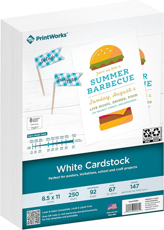 PrintWorks White Cardstock 8.5" x 11" - 67 lb/147 gsm Vellum Bristol - 250 Sheets - Made in the USA - SFI® Certified - 92 Bright - Card Stock Printer Paper for School, Craft, & Office Use (00564)-DeskLoop Office