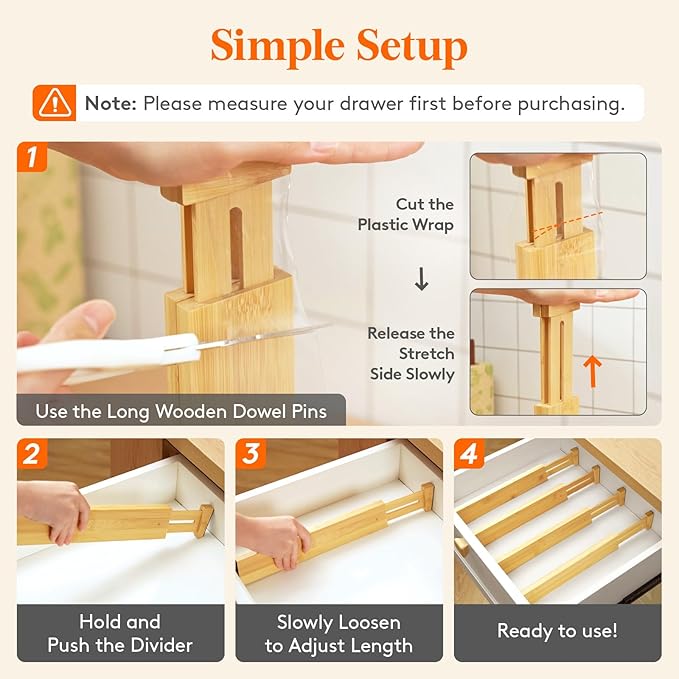 Lifewit 4 Pack Drawer Dividers Bamboo 2.4" High, 12-17" Adjustable Drawer Organizers for Clothes, Wooden Dresser Separators in Bedroom/Bathroom/Kitchen/Fridge/Office Organization and Storage-DeskLoop Office