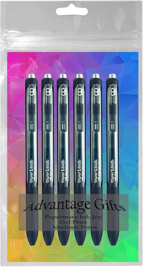 Paper Mate InkJoy Gel Pens, Black Ink, Medium Point (0.7mm), 6 Count, Bundle with Plastic Reusable Pouch-DeskLoop Office