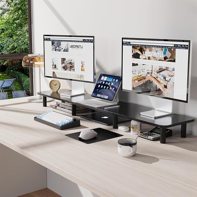 43.7" Extra Long Dual Monitor Stand Riser, Wood & Steel Monitor Stand for 2 Monitors, Wide TV Stand, Desktop Riser for Desk Organization, Home Office,Laptop,Printer,TV (Black)-DeskLoop Office