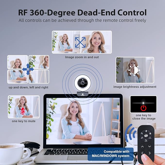 Zoomable Webcam with Remote Control, 1080P 60FPS Streaming with Ring Light and Microphone, Pro USB Webcam with 5X Digital Zoom and Privacy Cover for Zoom/Skype/Teams/PC/Laptop/Mac-DeskLoop Office