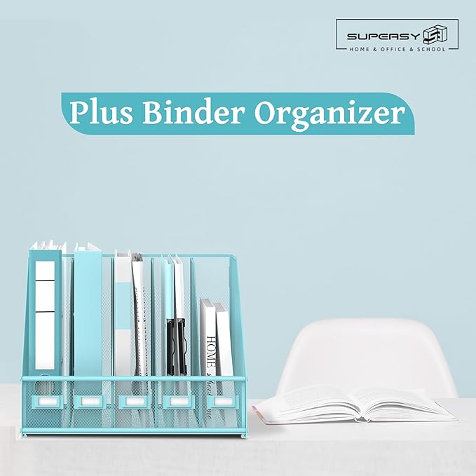 SUPEASY Desk Organizers Metal Desk Magazine File Holder with 5 Vertical Compartments Rack File Organizer for Office Desktop, Home Workspace, Blue Plus-DeskLoop Office