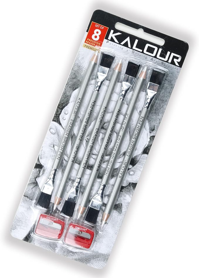 KALOUR Detail Eraser Pencil - 6pc Eraser Pencils with Brush and 2pc Sharpener,Erasing Small Details or add Highlights for Sketching, Charcoal Drawings. Fine Detail Eraser for Beginners & Artists-DeskLoop Office