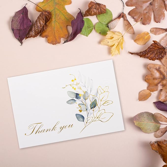 100 Bulk Thank You Cards with Envelopes White and Greenery Gold Foil β Floral watercolor Cards Thank You Notes with Envelopes and Eucalyptus leaves for Wedding Bridal Baby Shower Graduation Fune