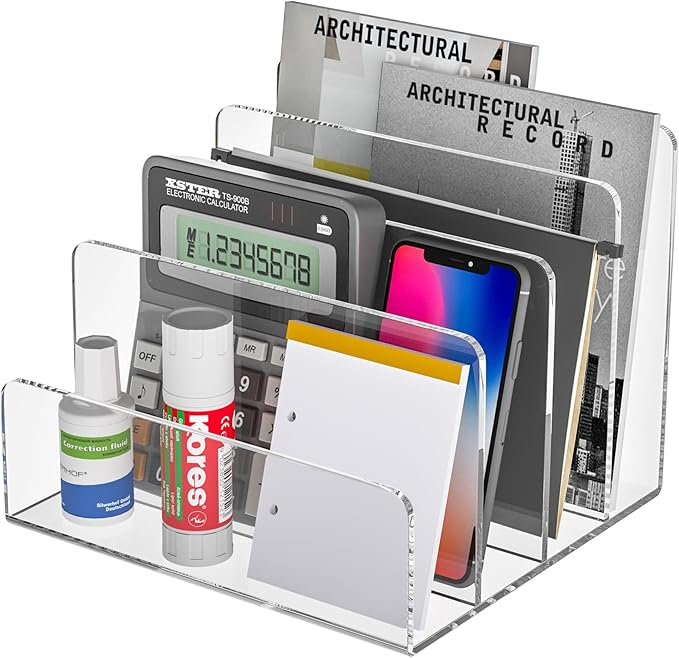 Acrylic File Holder 4 Compartment, Clear Desk File Organizer, Acrylic Organizer for Books, Phone, Ipad, Envelope, Notebook, Calculator-DeskLoop Office