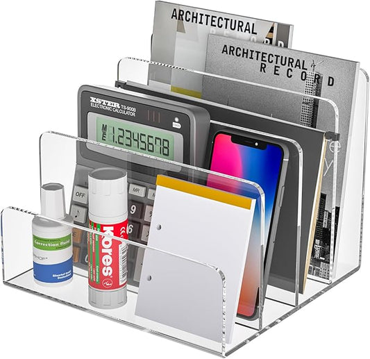 Acrylic File Holder 4 Compartment, Clear Desk File Organizer, Acrylic Organizer for Books, Phone, Ipad, Envelope, Notebook, Calculator-DeskLoop Office