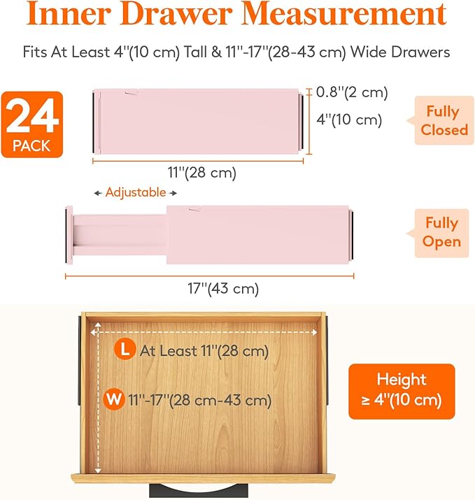 Lifewit 24 Pack Drawer Dividers 4" High, 11-17" Adjustable Dresser Drawer Organizers for Clothes, Expandable Dresser Separators in Bedroom/Bathroom/Kitchen/Vanity/Office Organization and Storage,Pink-DeskLoop Office