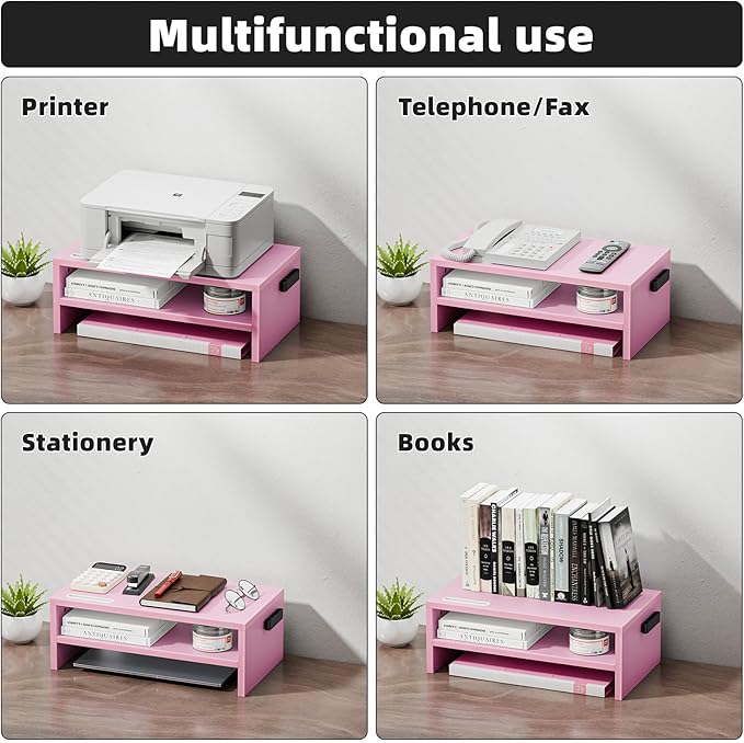 Marbrasse Monitor Stand Riser, 16.5 Inch 2 Tier Computer Printer Shelf Stand for Laptop Computer Screen Storage, Desktop Stand with Phone Holder and Cable Management (Pink)-DeskLoop Office