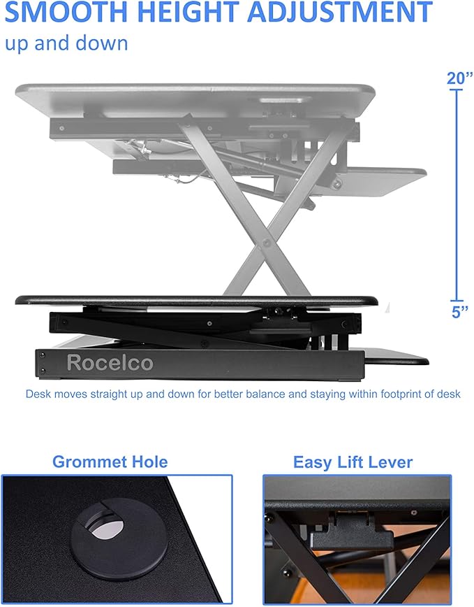 Rocelco 46" Large Height Adjustable Standing Desk Converter with Double Monitor Mount Arm BUNDLE - Quick Sit Stand Up Computer Workstation Riser - Retractable Keyboard Tray - Black (R DADRB-46-DM2)-DeskLoop Office