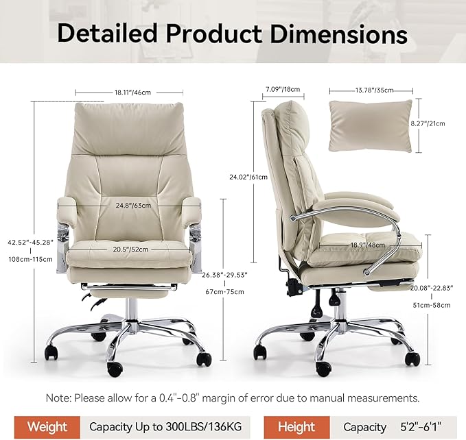 LEAGOO Office Chair with Foot Rest, Ergonomic Executive Office Chair with Arms, Reclining High Back PU Leather Comfy Swivel Computer Desk Chairs with Wheels and Lumbar Support for Home Office, Cream-DeskLoop Office