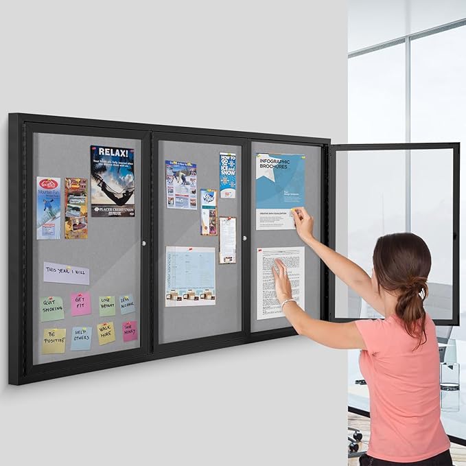 SWANCROWN Outdoor Bulletin Board 70x36in, Enclosed Bulletin Board with Locking Door for Office School Commerce, Grey Felt, Black Aluminum Frame-DeskLoop Office