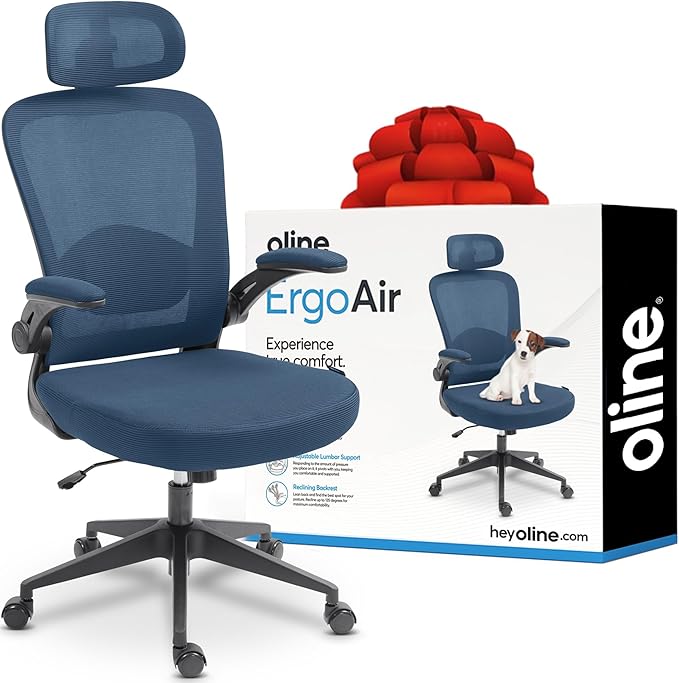 Oline ErgoAir Ergonomic Office Chair – Adjustable Lumbar Support, Flip-Up Armrests, Mesh Computer Desk Chair, Swivel Rolling Executive Gaming Chair for Home & Office (Navy Blue)-DeskLoop Office