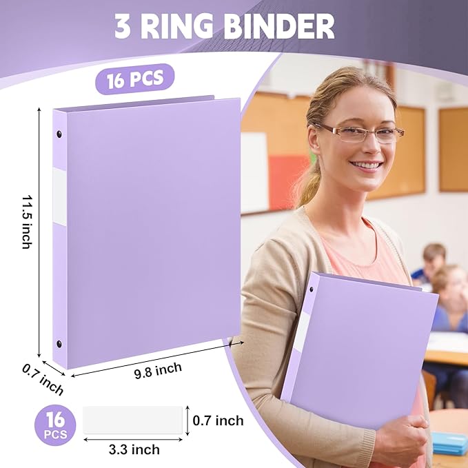 Henoyso 16 Pcs 3 Ring Binder 1/2'' Round Fits Letter Size 8. 5'' x 11'' Paper Plastic Flexible Binder Holds 100 Sheets with 1 Pockets Versatile Organizer for Office Home School (Light Purple)-DeskLoop Office