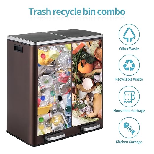 16 Gallon Rectangular Stainless Steel Trash Can, Dual Compartment Garbage Bin with Recycling Combo, Metal Dustbin Lid, Removable Liner, Indoor Hands Free Waste Bucket for Kitchen Home-DeskLoop Office