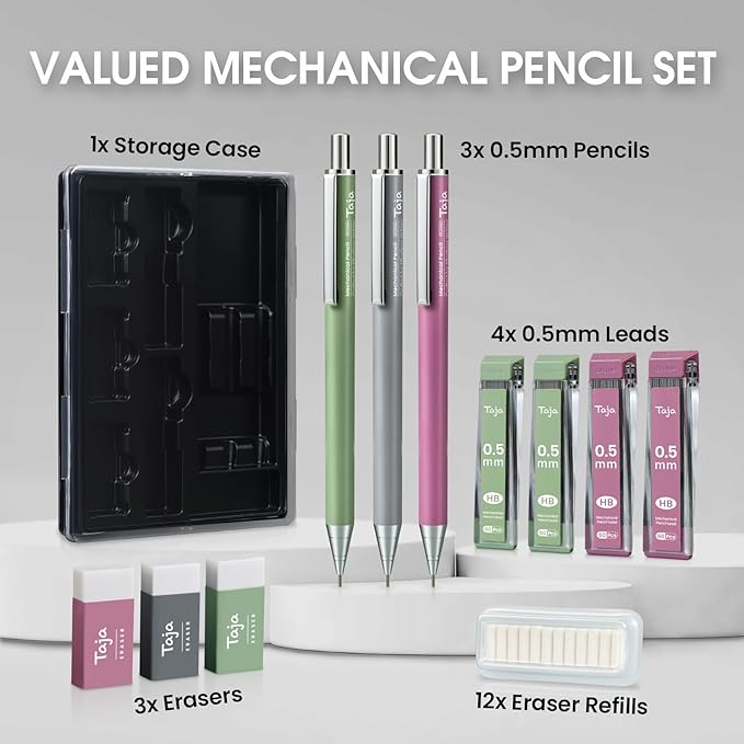 Aesthetic 0.5mm Mechanical Pencil Set with Case – 3 Vintage Mechanical Pencils, 4 Tubes HB #2 Lead Refills, 3 Erasers & 12 Eraser Refills, Cute Pencil Kit for Back to School Stationery Supplies-DeskLoop Office