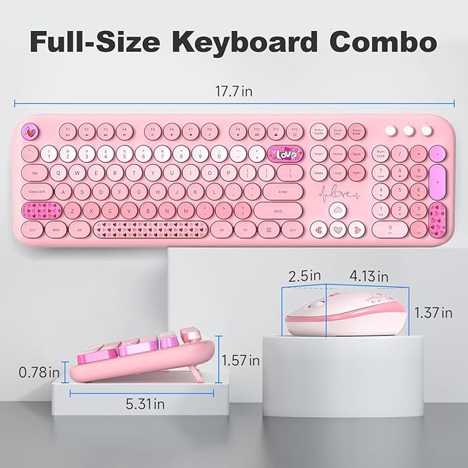 Wireless Keyboard and Mouse, Typewriter Full Size Keyboard with Number Pad and 2 in 1 USB Connected Mouse for Windows 7/8/10, Laptop, Desktop, PC, Computer (Pink Colorful)-DeskLoop Office