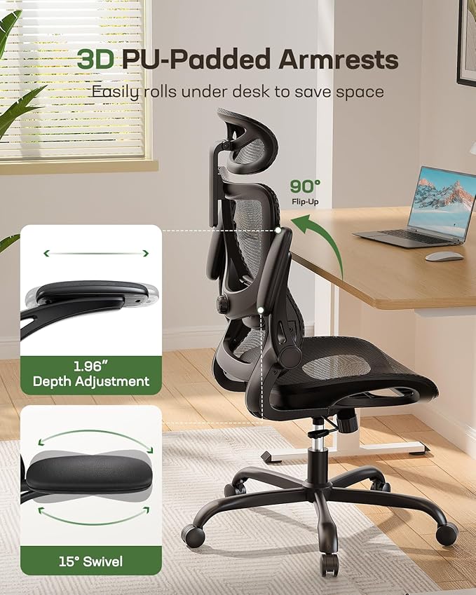 Marsail Ergonomic Mesh Office Chair High Back Home Office Desk Chair with Adaptive Lumbar Support, 2D Headrest, 3D Flip-Up Armrests, Height Adjustable and Rocking Tilt for Home Office and Gaming-DeskLoop Office