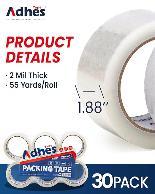 ADHES Heavy Duty Packing Tape, 30 Rolls, 1.88 Inch x 55 Yards, 2 mil Shipping Tape Refills, Packaging Tape, Box Tape for Moving, Shipping, Mailing and Sealing-DeskLoop Office