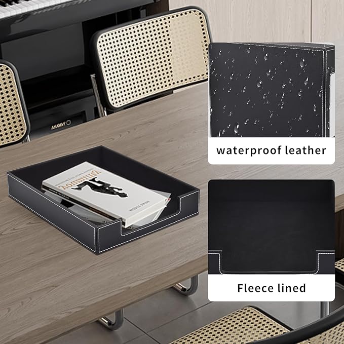 Leather Letter Tray, Office Supplies Desk Organizer for Mail Paper Files Magazines Jewelry Cosmetics,Luxury Letter Holder&Multipurpos Stackable Office Desktop Storage Box,Black-DeskLoop Office