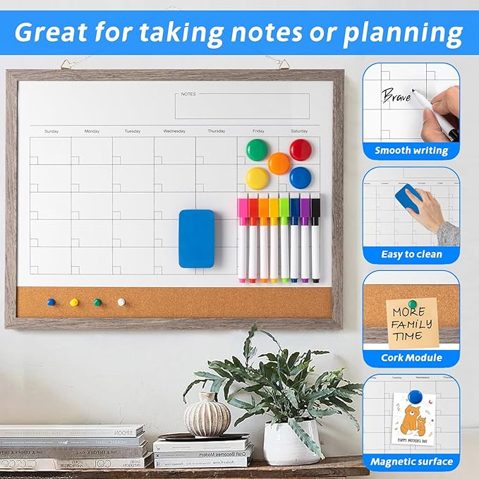 Dry Erase Calendar Whiteboard, 17" x 13" Magnetic Whiteboard Cork Board Combo, Reusable Monthly Planner with 8 Markers, Eraser, Magnets and Push Pins to Hang Dry Erase Board for Home, School - Gray-DeskLoop Office