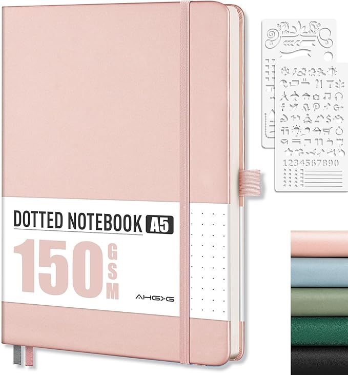 AHGXG Bullet Dotted Journal - 150 GSM Dot Grid Notebook Journal, Thick Acid-Free Paper, A5 Dotted Notebook 128 Pages, Leather Hardcover, Inner Pocket, Journal Stencil, 5.7'' × 8.3'' - Rose Gold-DeskLoop Office