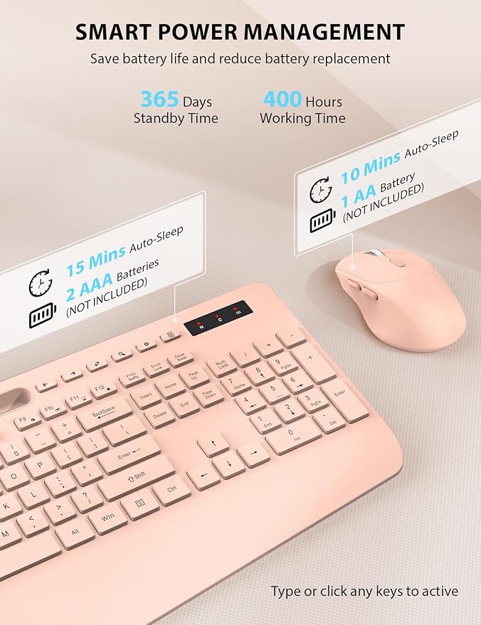 Trueque Wireless Keyboard and Mouse Combo - Full-Sized Ergonomic Keyboard with Wrist Rest, Phone Holder, Sleep Mode, Silent 2.4GHz Cordless Keyboards Mice Set for Computer, Laptop, PC, Windows (Pink)-DeskLoop Office