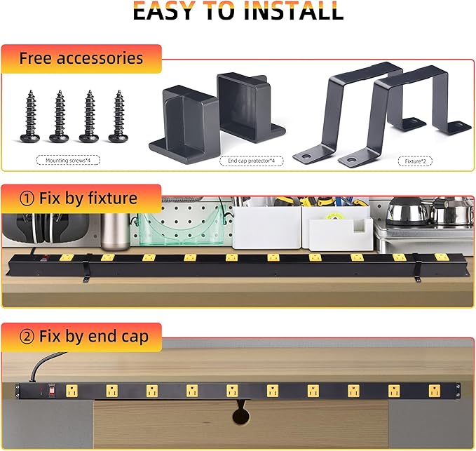 10 Outlet Long Power Strip Surge Protector, Heavy Duty Industrial Metal Power Strip 6 Feet, Wall Mountable, for Work Bench, Shop, Garage, Black (1000 Joules)-DeskLoop Office