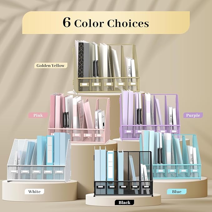 SUPEASY Desk Organizers Metal Desk Magazine File Holder with 5 Vertical Compartments Rack File Organizer for Office Desktop, Home Workspace, Golden Yellow-DeskLoop Office