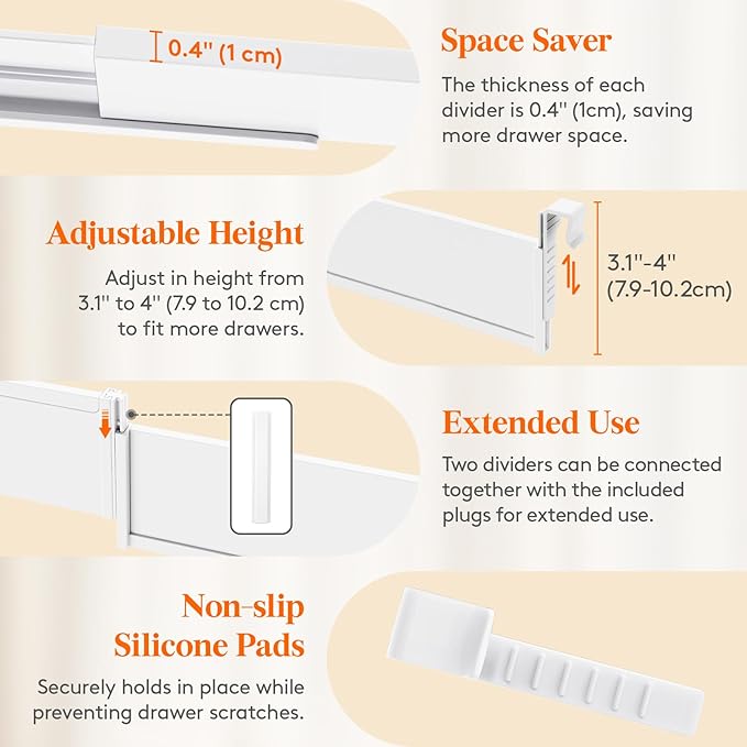 Lifewit Hanging Kitchen Drawer Dividers 3.1" High, 10-17" Adjustable Drawer Organizers for Utensils, Expandable Dresser Separators in Kitchen/Bedroom/Bathroom/Vanity/Office, White(8 Pack)-DeskLoop Office