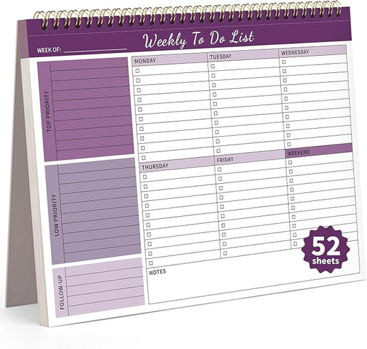 Weekly To Do List Notepad, 52 Undated Sheets (8.5"×11") Duplex-printed Weekly Planner Notepad For Work Home School Office Desk Accessories Supplies & Goal Setting Tasks - Purple-DeskLoop Office