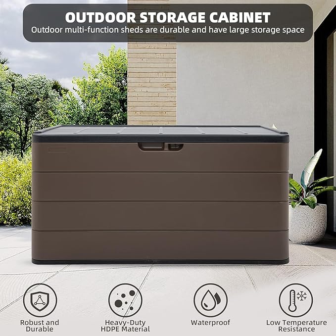 100 Gallon Plus Resin Deck Box, Waterproof Outdoor Storage Bin for Patio Furniture, Pool Accessories, and Garden Tools, Lockable & UV-Resistant, Brown-DeskLoop Office