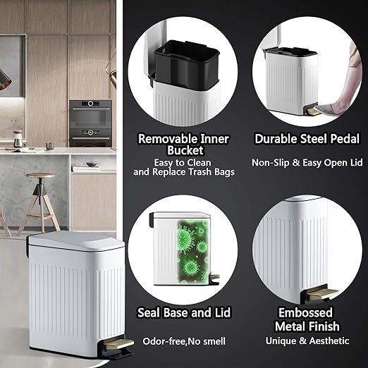 Small Bathroom Trash Can with Lid Soft Close-6L/1.6 Gal Slim Step Garbage Can-Metal Pedal Wastebasket-Narrow Rectangle Garbage Container Bin for Corner Office, Bedroom, Toilet, Live Room-White-DeskLoop Office