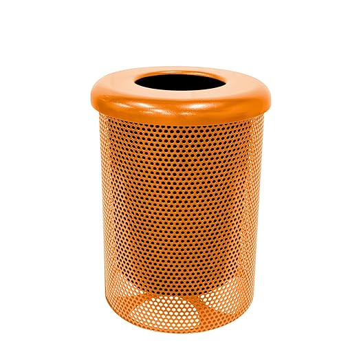 Coated Outdoor Furniture 32-Gallon Heavy-Duty Punched Steel Round Trash Receptacle, Commercial Outdoor Waste Bin with Liner & Black Flat Top Lid – Made in America (Textured Orange)-DeskLoop Office