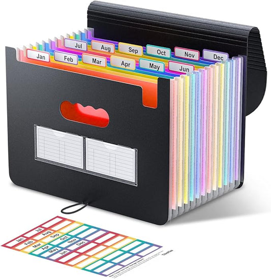ThinkTex Accordion File Organizer, 12 - Pocket Expanding File Folders for Paper Receipts, Bills&Taxes Organizer, Letter/A4 Size Document Holder for School, Office, Home with Colorful tabs- Black-DeskLoop Office