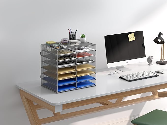 EasyPAG 14-Slot Mesh Desk File Organizer with Handle, Metal Frame Paper Tray for Classroom/Office/Home - Easy Assembly, Durable Tiered Sorter & A4/Letter Size, Silver-DeskLoop Office