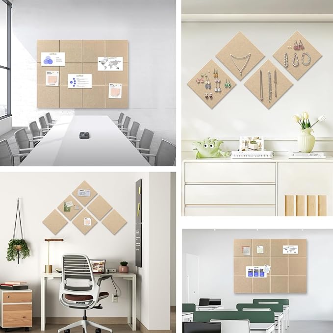 Large Cork Board for Office Wall Decor,48"x36"-12 Pack Felt Wall Tiles with Safe Removable Adhesive Tabs, 1/2" Thick, Felt Bulletin Board Pin Board Cork Boards for Walls - Tan-DeskLoop Office